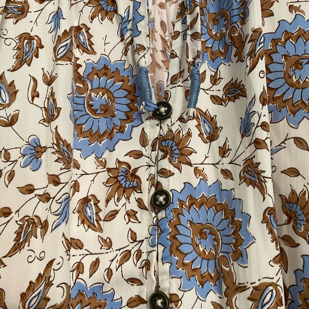Silky Floral Print Peasant Blouse in Cream and Blue Sz XS fits S (oversized) - Picture 6 of 12
